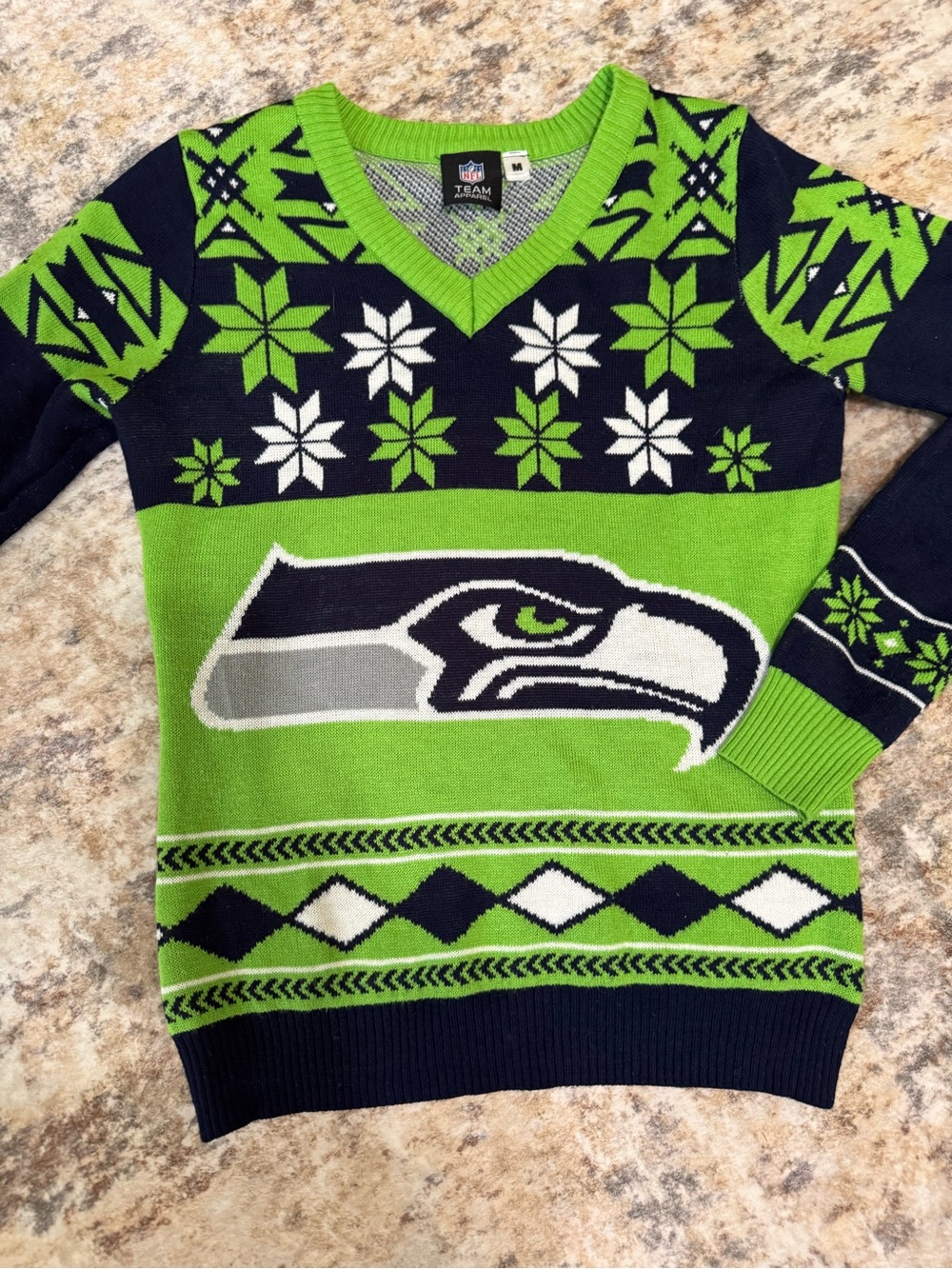 NFL Klew Seattle Seahawks Women's Big Logo V-Neck Ugly Christmas Sweater Medium - Picture 2 of 8